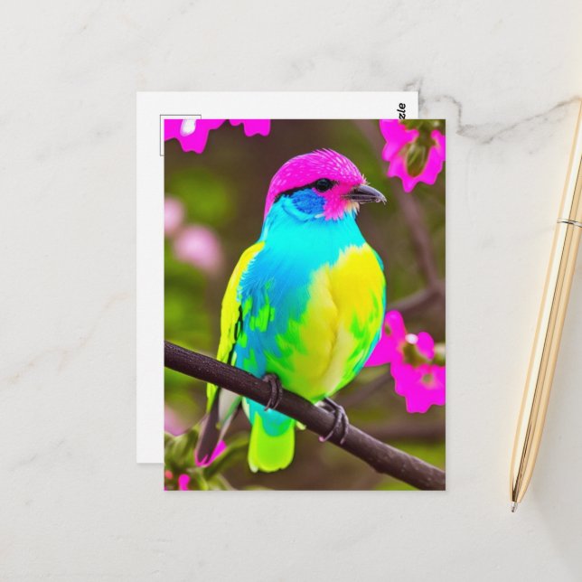 Farbenfroher Fantasy-Vogel auf einem Zweig mit Blu Postkarte (Vorderseite/Rückseite Beispiel)