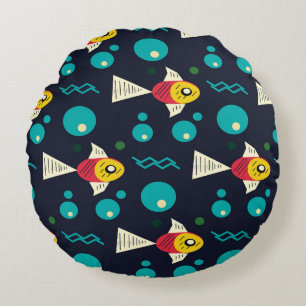 Farbenfroher Fisch mit Wellen im Meer. Geometrie Rundes Kissen