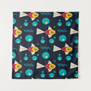 Farbenfroher Fisch mit Wellen im Meer. Geometrie Wandteppich
