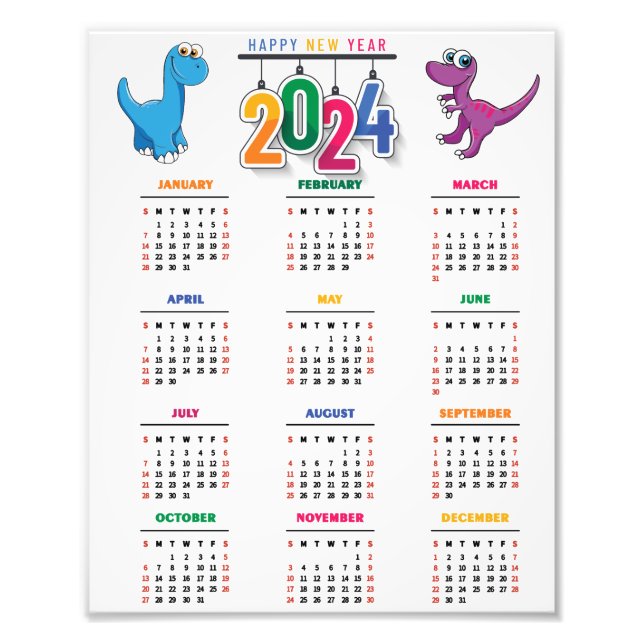 Farbenfroher Funny Dinosaur 2024 Kalender Fotodruck (Vorne)