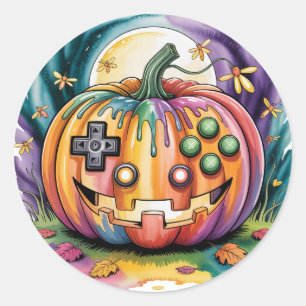 Farbenfroher Gamer Pumpkin Halloween Bash Runder Aufkleber