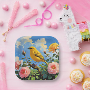 Farbenfroher gelber Vogel und hübsche rosa Rosen Pappteller