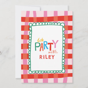 Farbenfroher Gingham "Lass's Party" Individuelle N Einladung