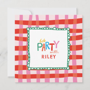 Farbenfroher Gingham "Lass's Party" Individuelle N Einladung