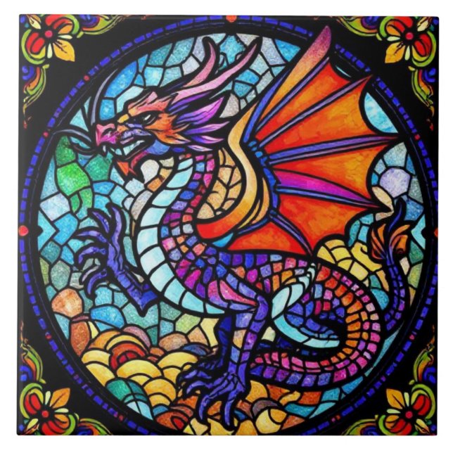 Farbenfroher Glasdrache Mosaik Fliese (Vorderseite)
