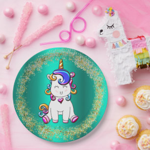 Farbenfroher Glitzer Einhorn Geburtstag Pappteller