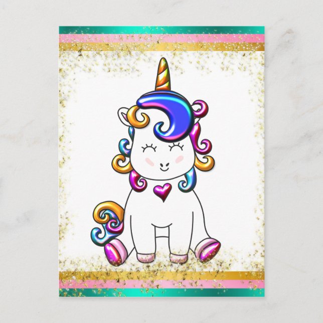 Farbenfroher Glitzer Einhorn Geburtstag Postkarte (Vorderseite)