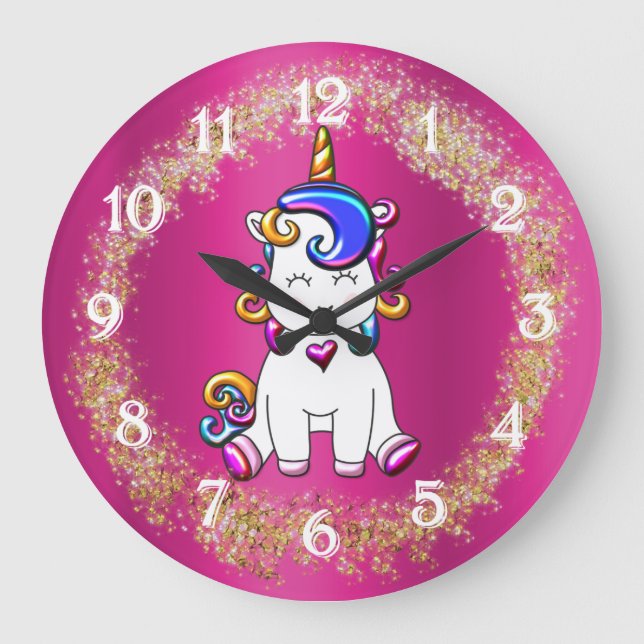 Farbenfroher Glitzer Rosa Einhorn Große Wanduhr (Vorderseite)