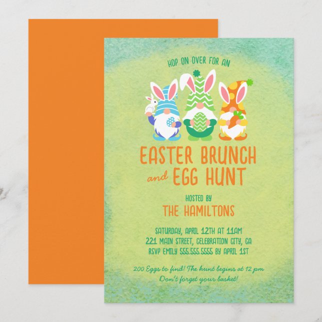 Farbenfroher Gnome Osterbrunch und Eierjagd Einladung (Vorne/Hinten)
