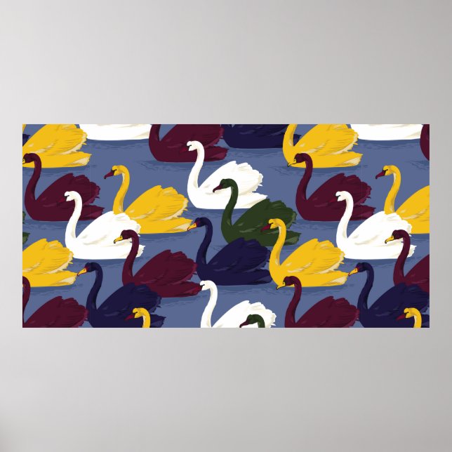 Farbenfroher handgezogener Schwanenvogel im blauen Poster (Vorne)
