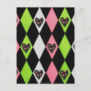 Farbenfroher Harlekin-Druck mit Rosenherzen Postkarte