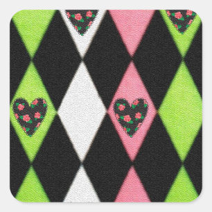 Farbenfroher Harlekin-Druck mit Rosenherzen Quadratischer Aufkleber