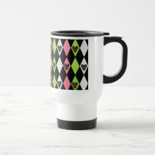 Farbenfroher Harlekin-Druck mit Rosenherzen Reisebecher