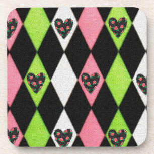 Farbenfroher Harlekin-Druck mit Rosenherzen Untersetzer