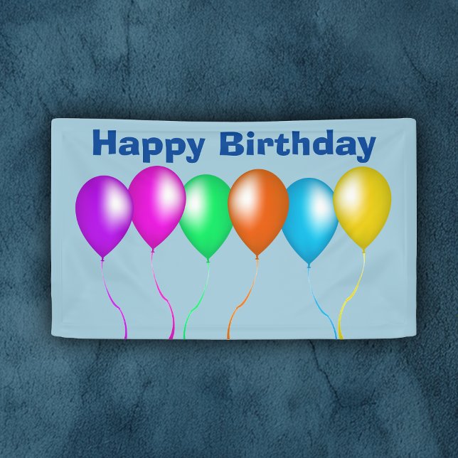 Farbenfroher Hauch von Balloons Banner (Happy Birthday blue banner with row of colourful festive balloons with streamers.)