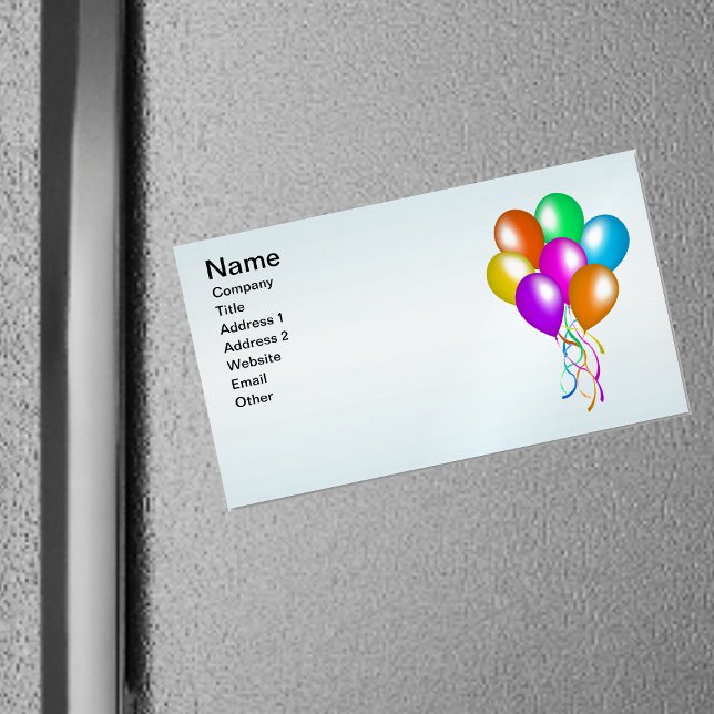 Farbenfroher Hauch von Balloons Magnetische Visitenkarte (Bunch colourful bright balloons with streamers on light blue magnetic business card.)