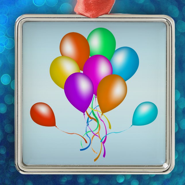 Farbenfroher Hauch von Balloons Ornament Aus Metall (Bunch colourful festive party balloons various colours on light blue hanging ornament.)