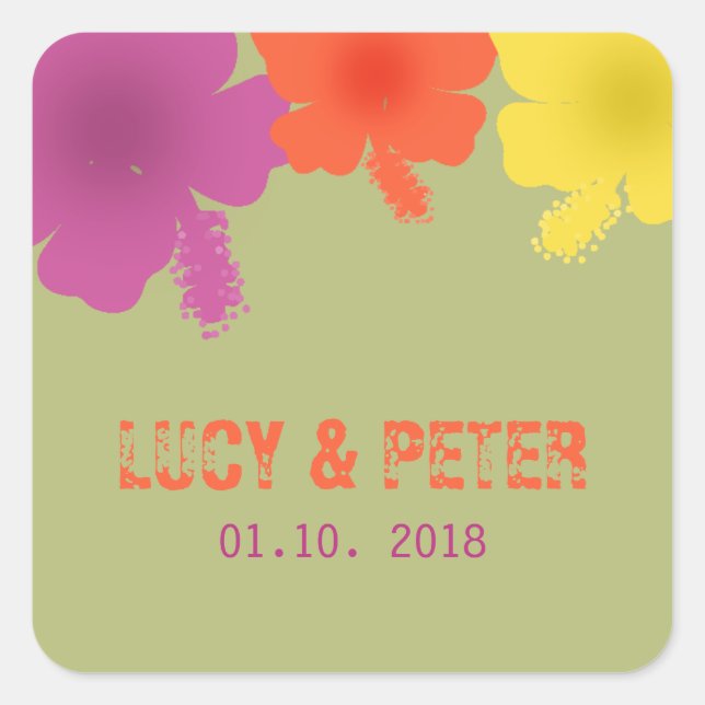 farbenfroher hawaiianischer Hibiskus Hochzeitstick Quadratischer Aufkleber (Vorderseite)