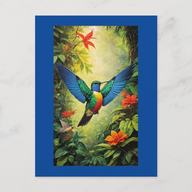 Farbenfroher Hummingbird, blauer Rahmen, Postkarte (Vorderseite)