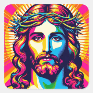 Farbenfroher Jesus Aufkleber! Quadratischer Aufkleber
