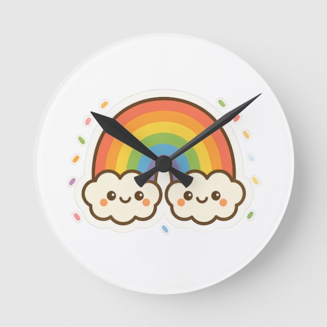Farbenfroher Kawaii-Regenbogenpride Runde Wanduhr (Vorderseite)