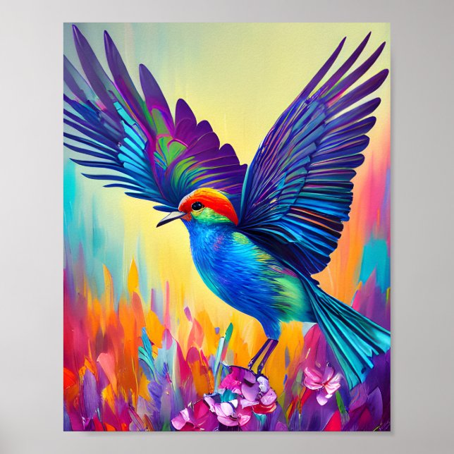 Farbenfroher kleiner Vogel bereit zum Fliegen Poster (Vorne)