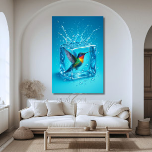 Farbenfroher Kolibri in einem Eiswürfel Neon Blau Poster