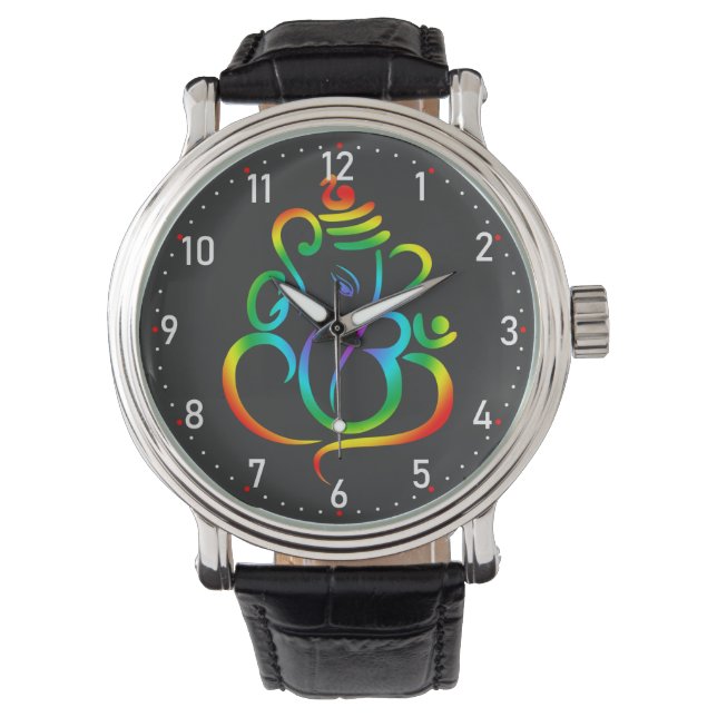 Farbenfroher Lord Ganesha auf schwarz Armbanduhr (Vorderseite)