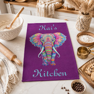 Farbenfroher Mandala-Elefant mit individuellem Nam Geschirrtuch