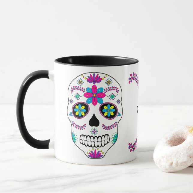 Farbenfroher mexikanischer Zuckerschädel mit Name  Tasse (Mit Donut)