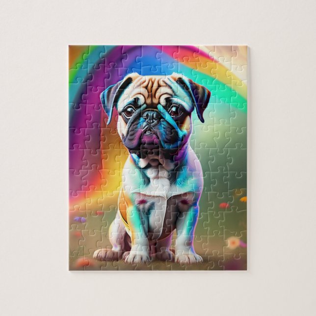 Farbenfroher Niedlicher kleiner Mops mit Regenboge (Vertikal)