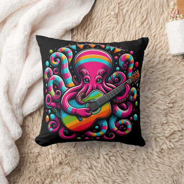 Farbenfroher Oktopus Gitarre spielen in lebendiger Kissen (Decke)