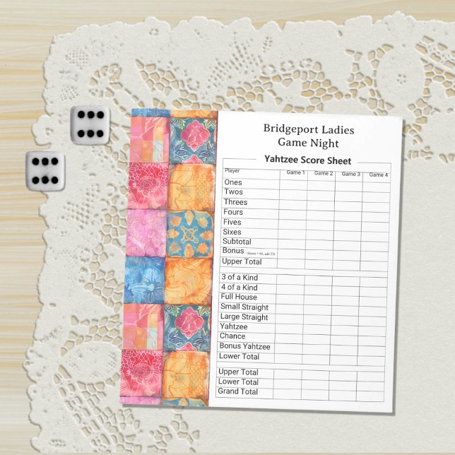 Farbenfroher Patchwork-Druck Yahtzee-Abend Notizblock (Von Creator hochgeladen)
