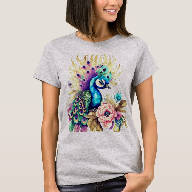 Farbenfroher Pfau auf Blume und Blätter T-Shirt (Vorderseite)