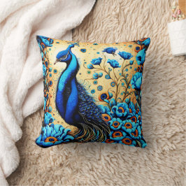 Farbenfroher Pfau unter den blauen Blumen Kissen
