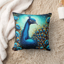 Farbenfroher Pfau unter den blauen Blumen Kissen