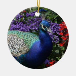 Farbenfroher Pfau zwischen violetten Blumen Keramikornament