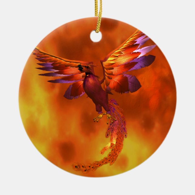 Farbenfroher Phönix fliegt vor einem frischen Hint Keramikornament (Vorne)