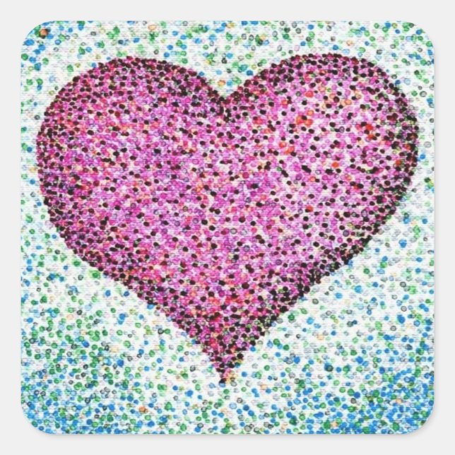 Farbenfroher Pointillismus Herz rosa Quadratischer Aufkleber (Vorderseite)