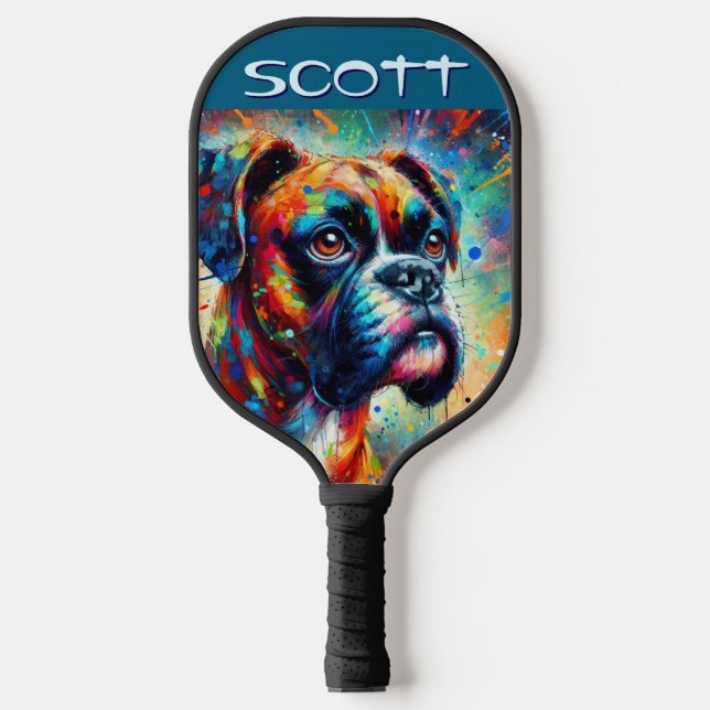 Farbenfroher Pop Boxer Dog Personalisiert Aquamari Pickleball Schläger (Vorderseite)