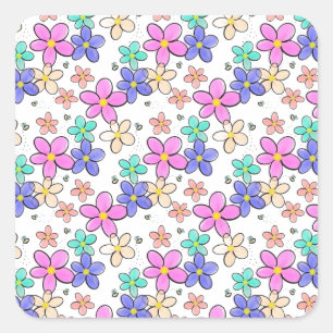 farbenfroher Regenbogen leuchtende Blumen Hummeln Quadratischer Aufkleber