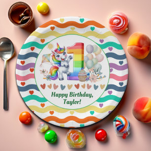 Farbenfroher Regenbogen und Einhorn 1. Geburtstag Pappteller