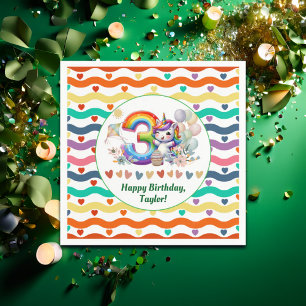 Farbenfroher Regenbogen und Einhorn 3. Geburtstag Serviette