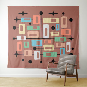 Farbenfroher Retro-Mid-Century-Modern-Atom-Abstrak Wandteppich