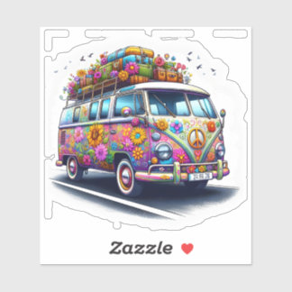 Farbenfroher Retro-Van mit Aufklebern und Blume Aufkleber