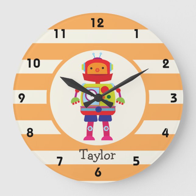 Farbenfroher Roboter auf orangefarbenen Streifen Große Wanduhr (Vorderseite)