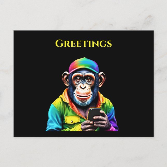 Farbenfroher Schimpanse mit einem Phone-Funny- Postkarte (Vorderseite)