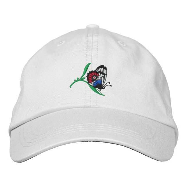 Farbenfroher Schmetterling auf Pflanze bestickte K Bestickte Baseballkappe (Vorderseite)