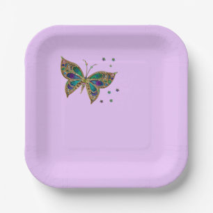 Farbenfroher Schmetterling im Lilac-Hintergrund Pappteller