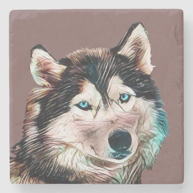 Farbenfroher sibirischer Husky-Marmor-Untersetzer Steinuntersetzer (Vorderseite)